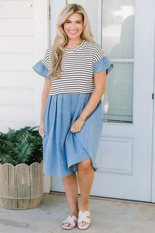 Chic Soul plus size clothing, short-sleeve denim light wash color block baby doll dress with a high-scoop-neckline and a white and black striped bodice 