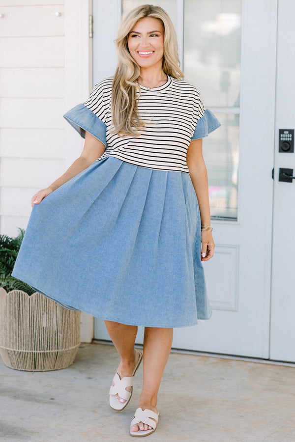 Chic Soul plus size clothing, short-sleeve denim light wash color block baby doll dress with a high-scoop-neckline and a white and black striped bodice 
