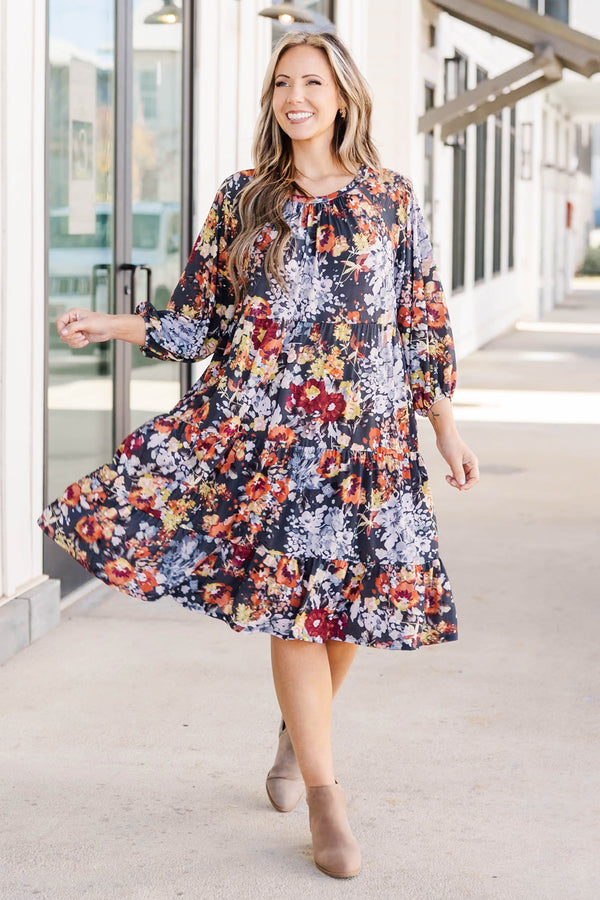 Chic Soul plus size clothing, floral pattern flowy tiered midi dress with cuffed bubble sleeves