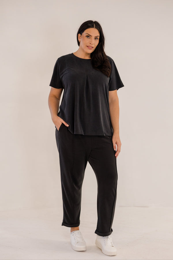 Chic Soul plus size clothing, black short sleeve flowy top with pleated detail with round neckline