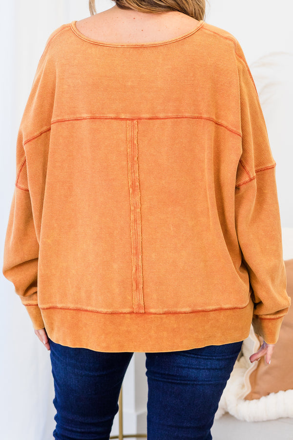 Chic Soul plus size clothing, orange long sleeve pullover with v neckline and cuff sleeves with band across bottom