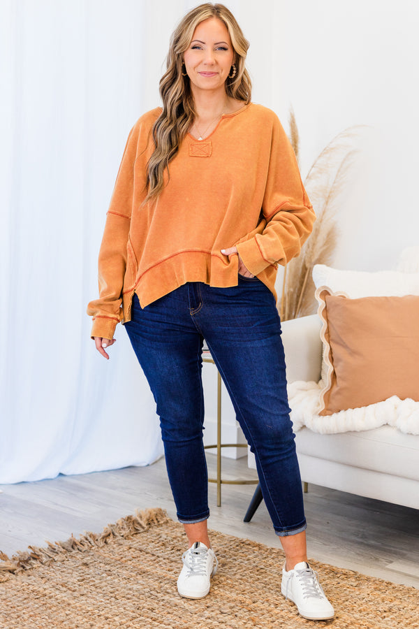 Chic Soul plus size clothing, orange long sleeve pullover with v neckline and cuff sleeves with band across bottom
