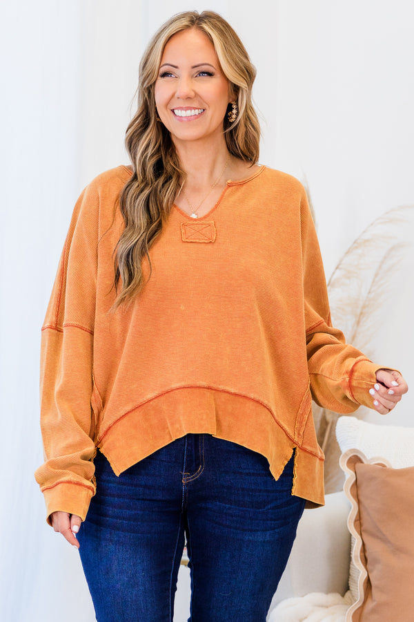Chic Soul plus size clothing, orange long sleeve pullover with v neckline and cuff sleeves with band across bottom