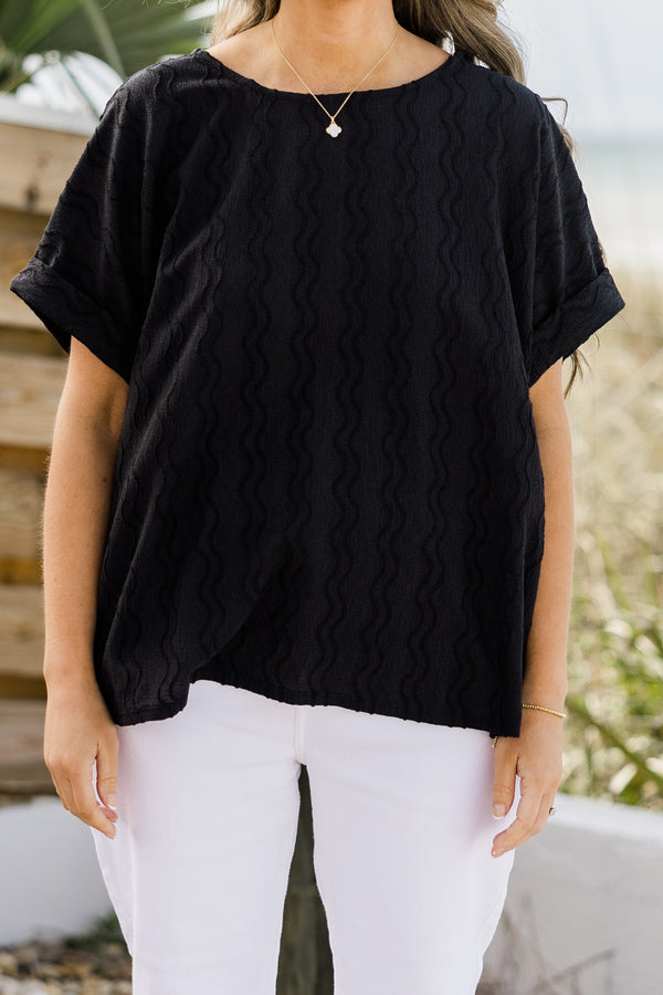 Chic Soul plus size clothing, black short sleeve top with cuffs at the end of the sleeves 
