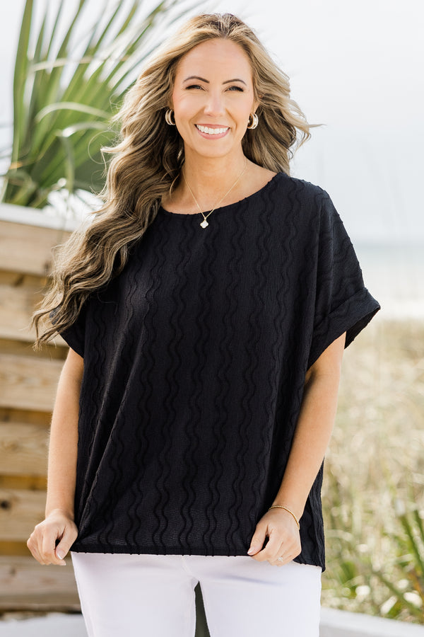 Chic Soul plus size clothing, black short sleeve top with cuffs at the end of the sleeves 
