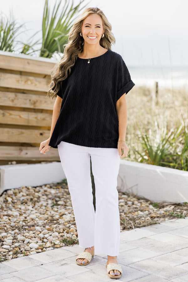 Chic Soul plus size clothing, black short sleeve top with cuffs at the end of the sleeves 
