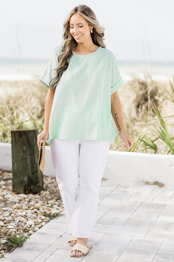 Chic Soul plus size clothing, mint green top with subtle vertical wavy line texture and rolled hem short sleeves