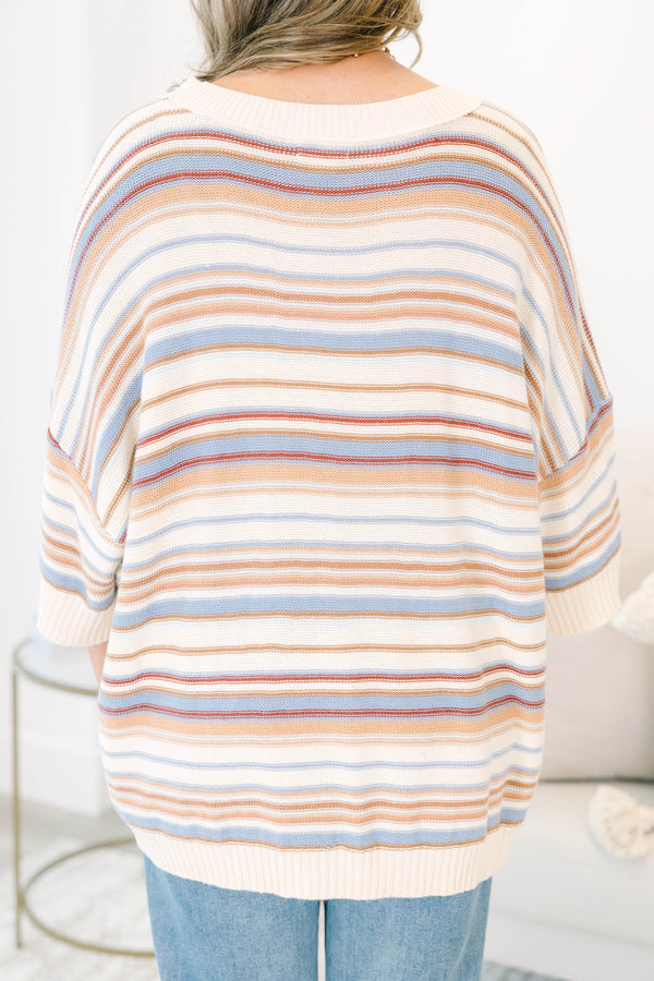 Plus Size oversized striped sweater in brown multi with drop shoulders and short sleeves.