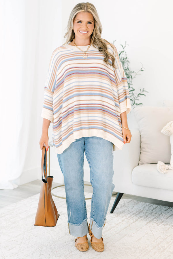 Plus Size oversized striped sweater in brown multi with drop shoulders and short sleeves.