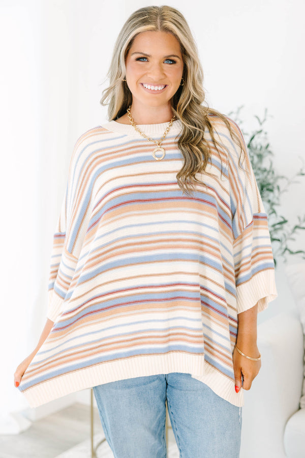 Plus Size oversized striped sweater in brown multi with drop shoulders and short sleeves.