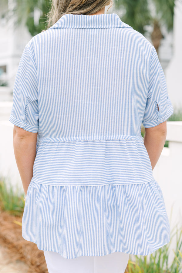 Chic Soul plus size clothing, blue short sleeve tiered top with buttons down to the chest area a collar and an all-over striped pattern. 