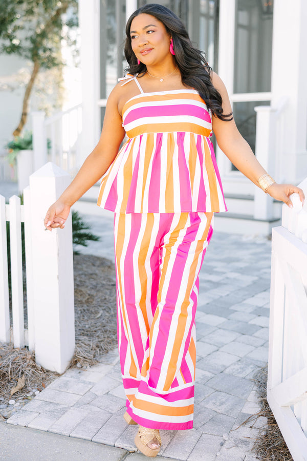 Chic Soul plus size clothing, baby doll sleeveless top with horizontal pink orange and white stripes on the chest area and vertical stripes under the chest area 
