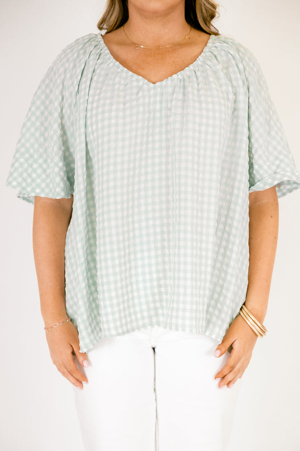Chic Soul plus size clothing, teal and white gingham print short bell sleeve v neck babydoll top
