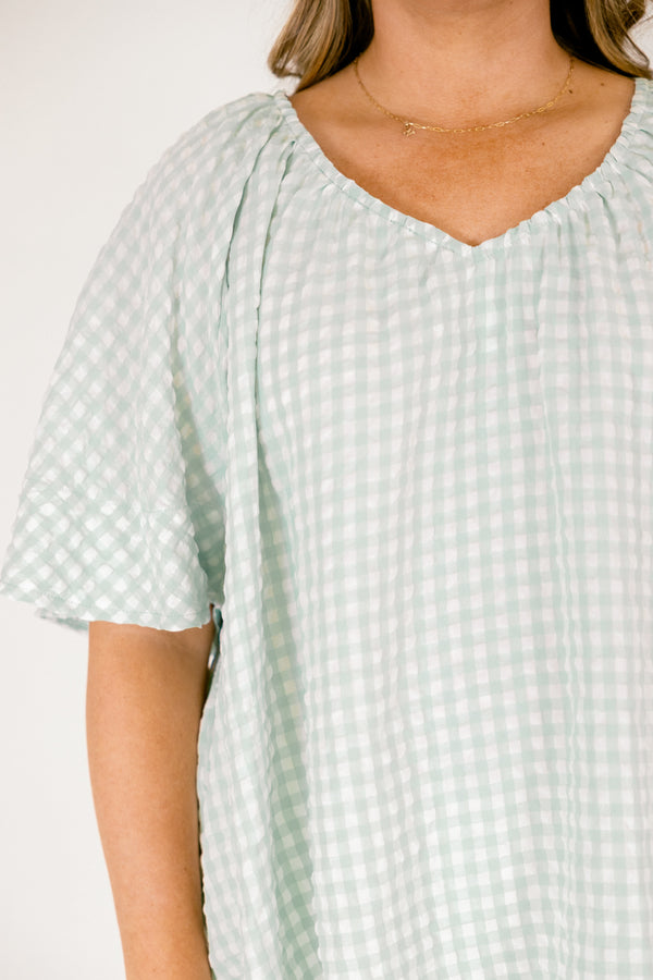 Chic Soul plus size clothing, teal and white gingham print short bell sleeve v neck babydoll top