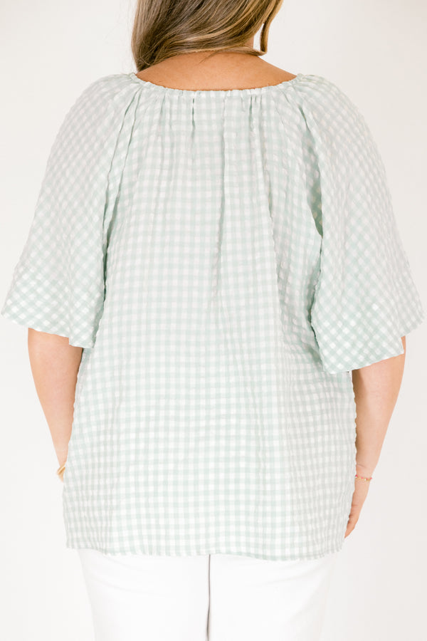 Chic Soul plus size clothing, teal and white gingham print short bell sleeve v neck babydoll top