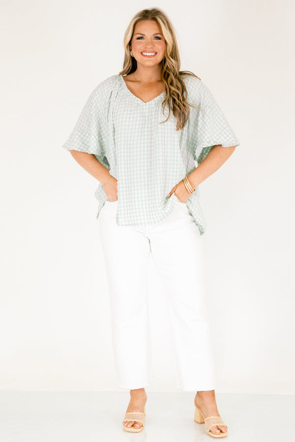 Chic Soul plus size clothing, teal and white gingham print short bell sleeve v neck babydoll top