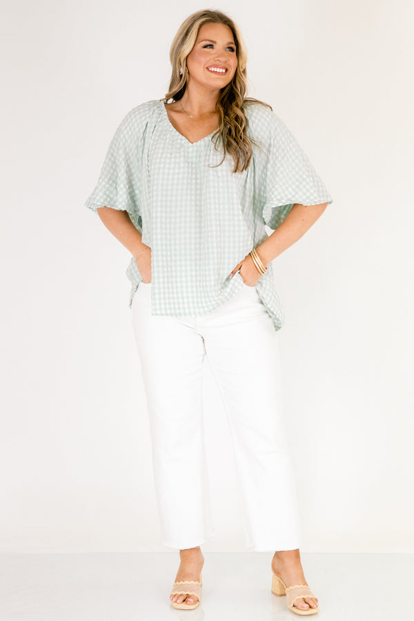 Chic Soul plus size clothing, teal and white gingham print short bell sleeve v neck babydoll top