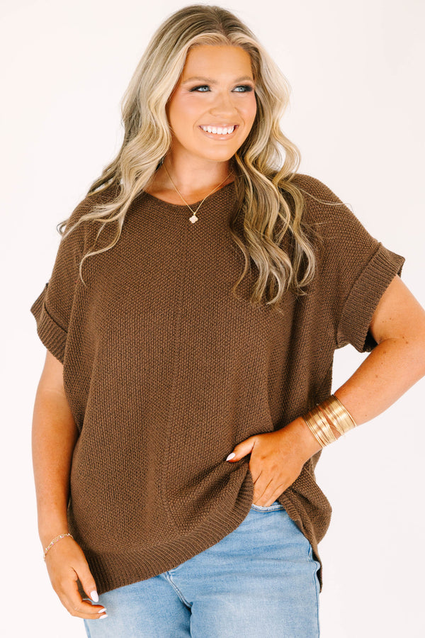 Plus Size brown short-sleeve knit sweater with a round neckline and cuffed sleeves.