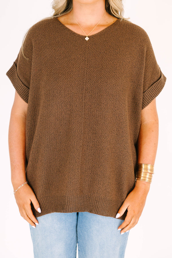 Plus Size brown short-sleeve knit sweater with a round neckline and cuffed sleeves.
