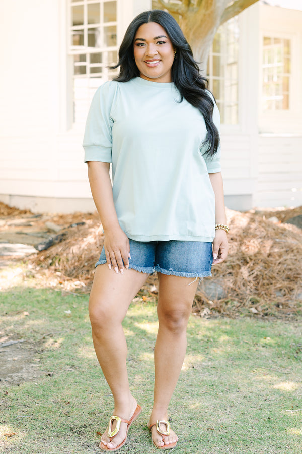 Chic Soul plus size clothing, green short sleeve top with banded sleeves