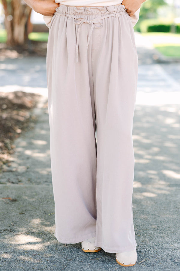 Mocha high-waisted wide-leg palazzo pants with an elastic paper bag waist and self-tie drawstring.