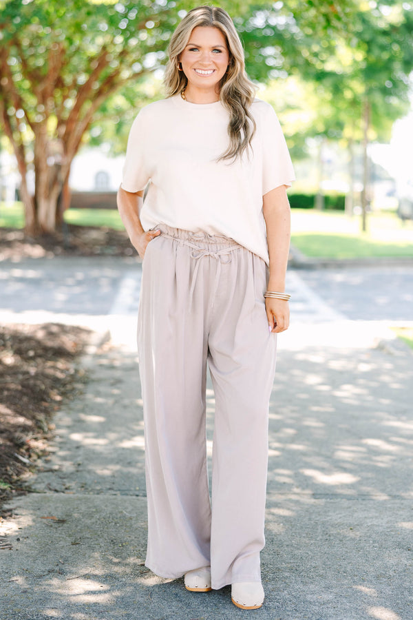 Mocha high-waisted wide-leg palazzo pants with an elastic paper bag waist and self-tie drawstring.