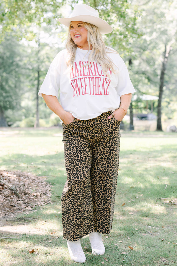 Plus Size white vintage wash tee with red American Sweetheart text and leopard print pants.
