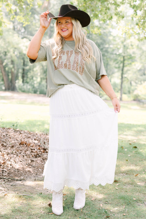 Plus Size army green vintage wash tee with leopard print TEXAS graphic and white lace trim skirt.