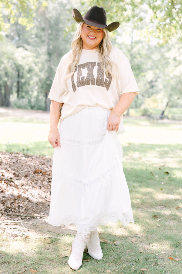Plus Size sand vintage wash tee with leopard print Texas graphic and white tiered lace skirt.