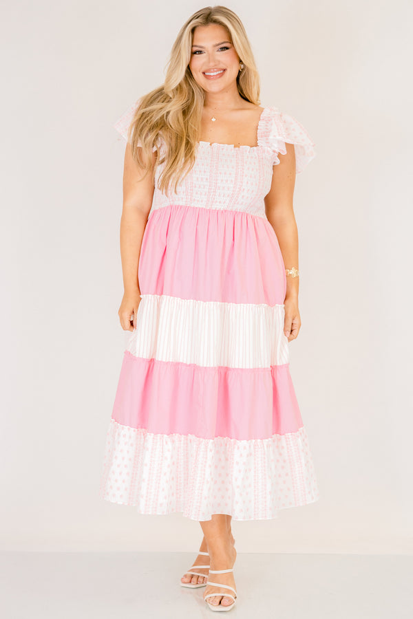 Chic Soul plus size clothing, white and light pink floral and light pink colorblock maxi dress with ruffle short sleeves and stretchy top of dress