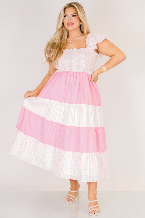 Chic Soul plus size clothing, white and light pink floral and light pink colorblock maxi dress with ruffle short sleeves and stretchy top of dress