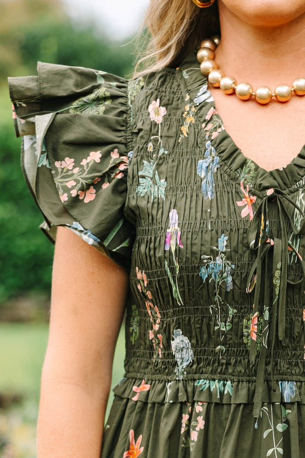 Plus Size green floral midi dress with ruffle cap sleeves, a smocked bodice, and a tiered skirt.