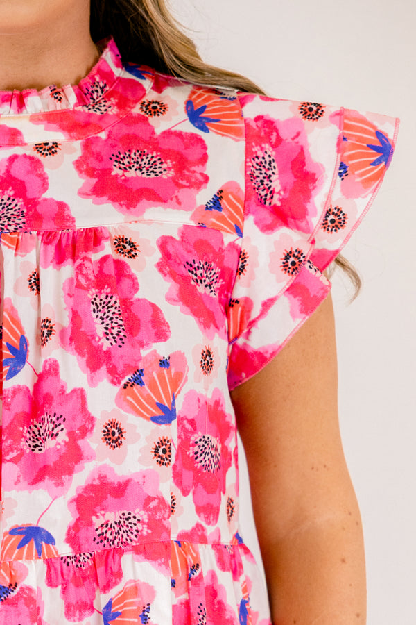 Chic Soul plus size clothing, pink and white large floral tank top with flutter sleeves and high neckline