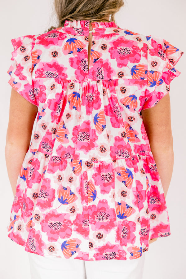 Chic Soul plus size clothing, pink and white large floral tank top with flutter sleeves and high neckline