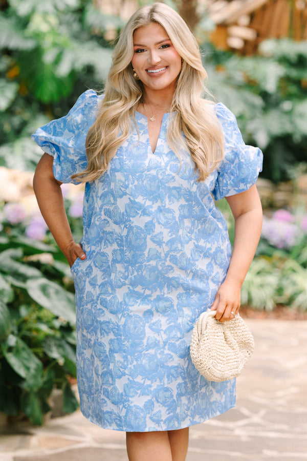 Chic Soul plus size clothing, blue short sleeve mini dress with floral design with puff sleeves with v cutout along neckline