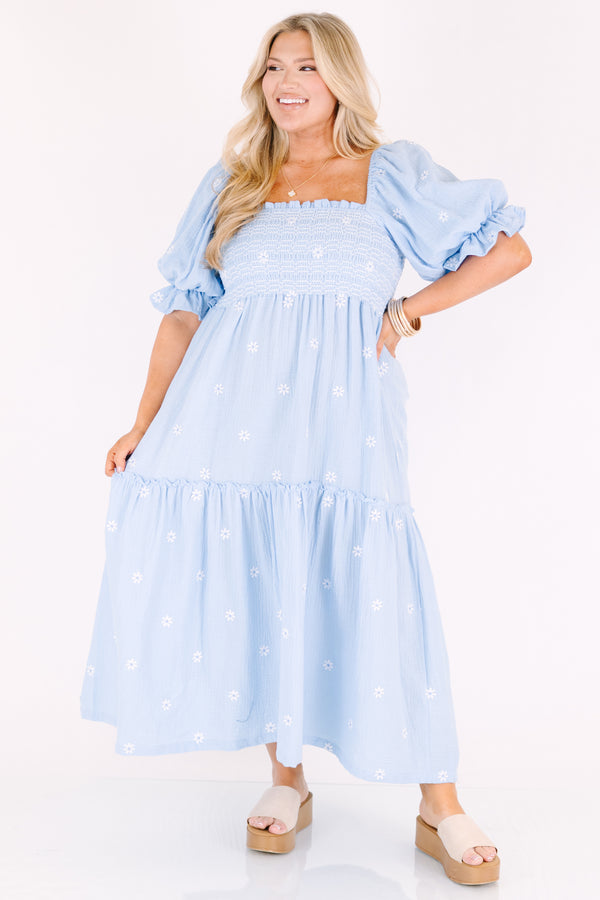 Chic Soul plus size clothing, light blue maxi dress with a square neckline and stitching details on the chest area as well as bubble sleeves that have a ruffle detail on the end of each sleeve and a white floral embroidered pattern throughout