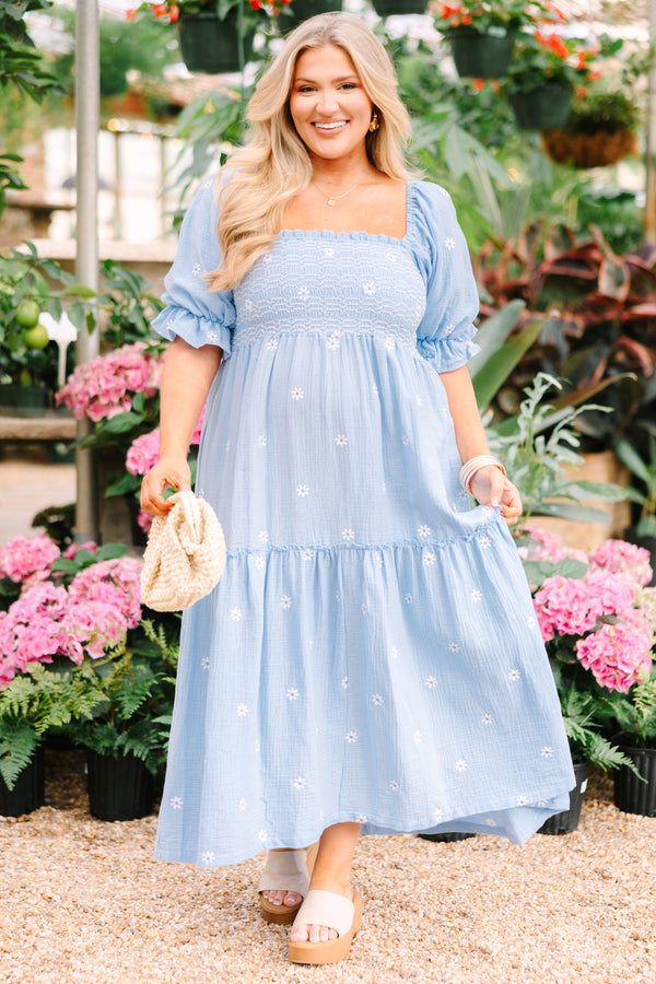 Chic Soul plus size clothing, light blue maxi dress with a square neckline and stitching details on the chest area as well as bubble sleeves that have a ruffle detail on the end of each sleeve and a white floral embroidered pattern throughout