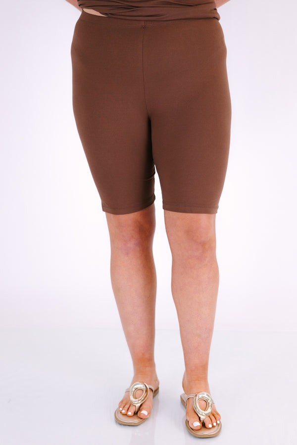 Plus Size mocha two-piece set featuring a v-neck short sleeve tunic top and matching biker shorts.
