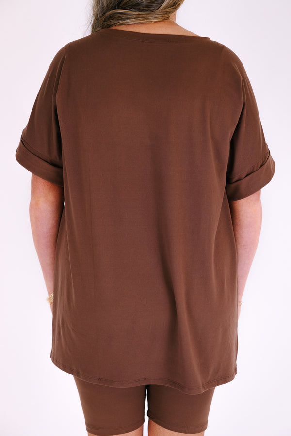 Plus Size mocha two-piece set featuring a v-neck short sleeve tunic top and matching biker shorts.