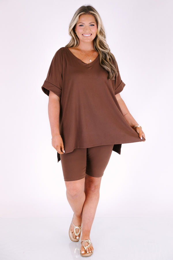 Plus Size mocha two-piece set featuring a v-neck short sleeve tunic top and matching biker shorts.