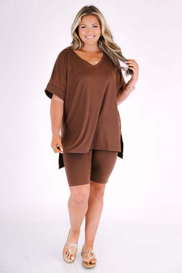 Plus Size mocha two-piece set featuring a v-neck short sleeve tunic top and matching biker shorts.