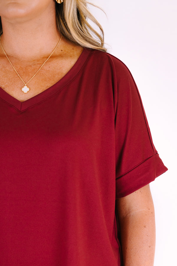 Plus Size cabernet two-piece set featuring a V-neck short sleeve tunic top and matching bike shorts.