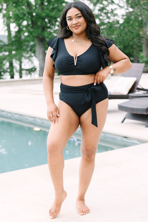 Chic Soul Plus Size Clothing, a black swim top with a gold V detail at center bust and ruffle sleeves