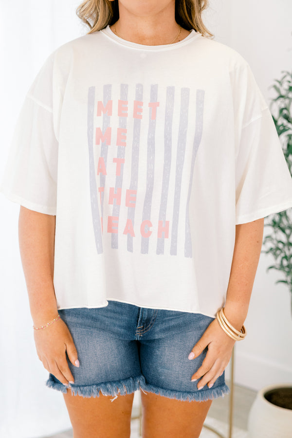 Chic Soul plus size clothing, white oversized boyfriend tee with blue horizontal stripes and 
