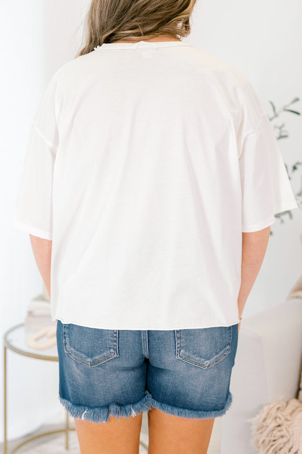 Chic Soul plus size clothing, white oversized boyfriend tee with blue horizontal stripes and 