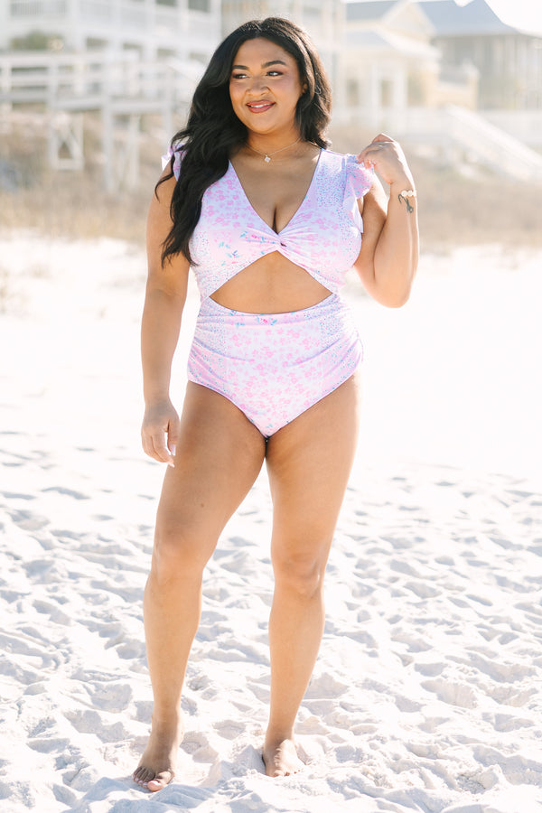 Plus Size pink floral one-piece swimsuit with flutter sleeves and a front cutout.