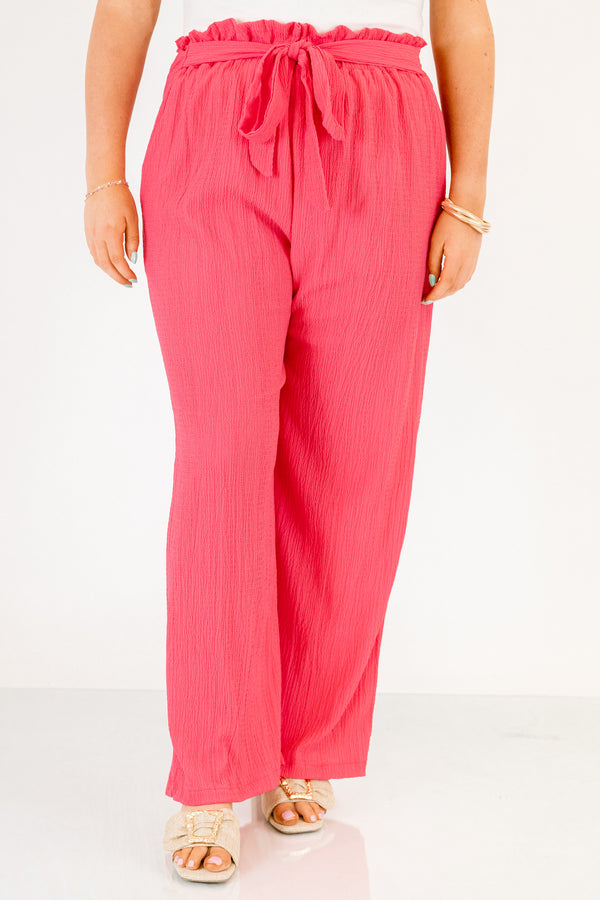 Chic Soul plus size clothing, hot pink elastic waistband flowy straight leg pants with belt tying in a bow