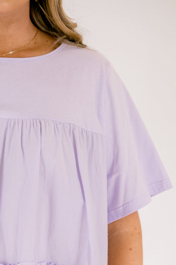 Chic Soul plus size clothing, light lavender short sleeve baby doll top with 2 rows of ruffles on the bottom