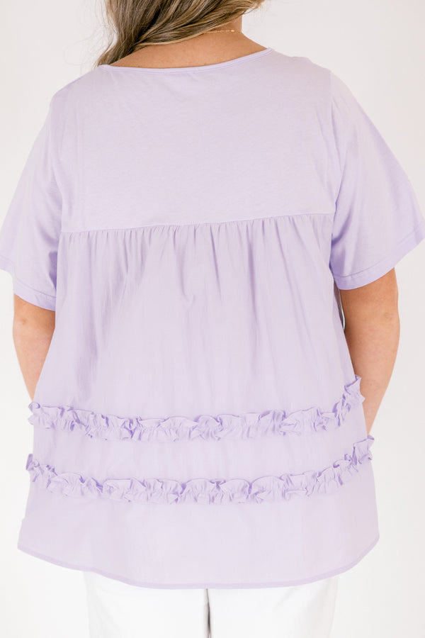 Chic Soul plus size clothing, light lavender short sleeve baby doll top with 2 rows of ruffles on the bottom