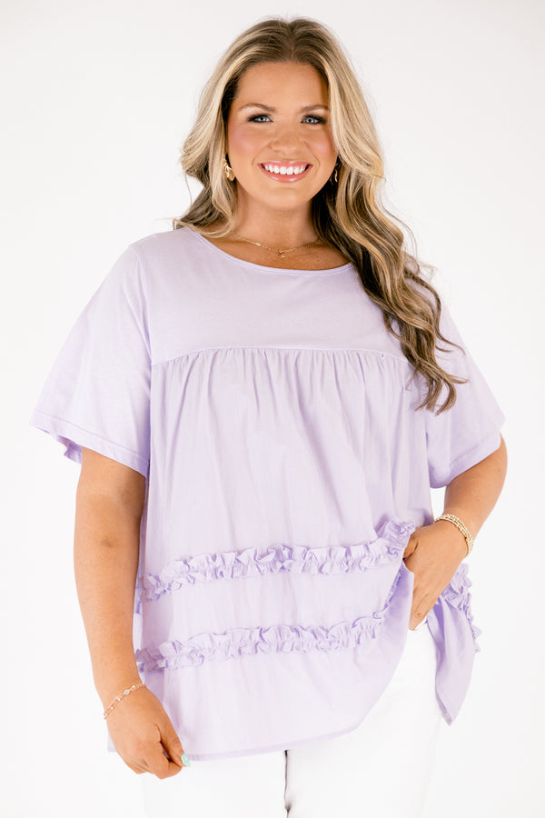 Chic Soul plus size clothing, light lavender short sleeve baby doll top with 2 rows of ruffles on the bottom